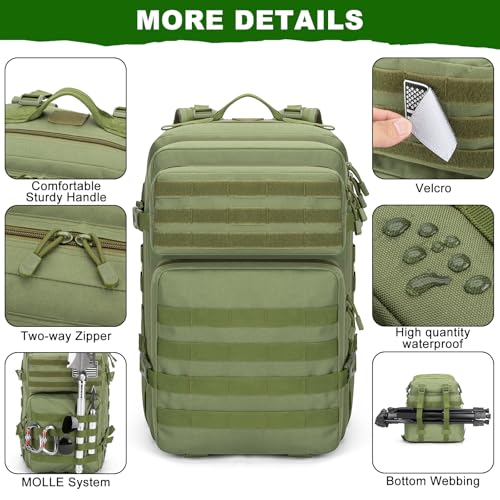 Tactical Backpack 45L Army Military Rucksack, Water Resistant MOLLE Pack, Large 3 Day Bug Out Bag for Men & Women, Durable Outdoor Gear for Hiking, Camping, Hunting, Travel(ArmyGreen) - color: Armygreen