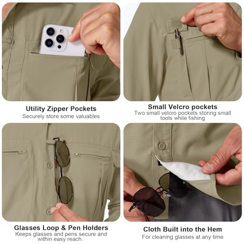 Men's Sun Protection Safari Fishing Shirts Long Sleeve UPF50+ UV Quick Dry Lightweight Cooling Hiking Travel - color: Khaki, size: Small
