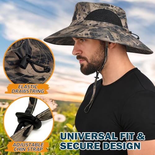 Wide Brim Sun Bucket Hat, Waterproof Boonie Hat for Men & Women | UPF 50+ UV Protection, Adjustable Fit, Chin Strap & Sweatband, Foldable Durable for Fishing Hiking Garden Beach - color: 05 Khaki (Camo)