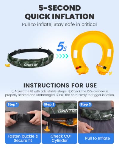Owntop Manual Inflatable Belt Pack, Adults Swim Jacket with Blowpipe & Whistle, 24g CO2 Cylinder Included, Low Profile for Kayaking, Fishing, Paddle Sports - color: Camo Green, size: One Size