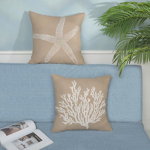 Coastal Pillow Covers 18x18 Inch Set of 2 Brown Tan Coral Starfish Throw Pillows Summer Nautical Beach Ocean Decorations Linen Pillowcase Outdoor Decor Farmhouse Cushion Case for Home Bedroom - color: Brown Starfish Coral, size: 18" x 18" (Pack of 2)