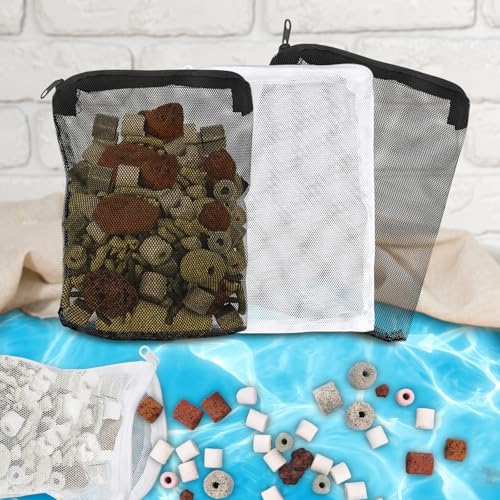 16 Pcs Aquarium Filter Media Bags Extra Fine, 7.8 x 5.9 Inch Filter Media Bag with Zipper, White & Black Aquarium Mesh Bag for Fish Tank Activated Carbon, Ceramic Rings
