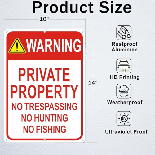2 Pack Warning - Private Property, No Trespassing, No Hunting Sign 10x14 Inches Reflective Aluminum Signs for Warning No Hunting Fishing Indoor Outdoor - style: 2 Pack-10"x14"