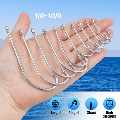Stainless Steel Saltwater Fishing Hooks - 50pcs O'shaughnessy Hooks Forged Long Shank J Fishing Hooks Extra Strong Fish Hooks for Trolling Sea Bass Striper Cod Bluefish Size 1/0-10/0 - size: 2/0-50pcs