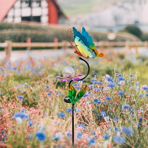 HONGLAND Solar Butterfly Garden Lights, Outdoor Lights Garden Decor for Outside, Flower Yard Decorations, Metal Yard Art for Patio Decor, Gifts for Mom - color: Butterfly