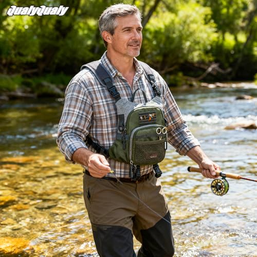 QulayQualy Fly Fishing Pack - Chest Pack with Work Station Lightweight Tackle Fishing Bag with Quick-Release - color: Green, size: M-11''