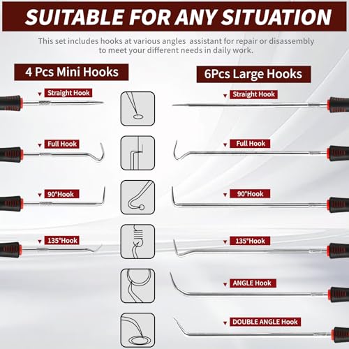 Hook and Pick Set – 10PCS Precision Pick Tools with Non-Slip Grip for Automotive, O-Ring, Seal & Gasket Removal, Mechanical and DIY Use Tool Set, Picks Precision Hooks Puller Remover Tools - color: red