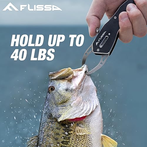 FLISSA Fish Gripper, Fish Lip Grip Tool with Carabiner and Spring Anti-Lost Rope, Durable Stainless Steel Fish Grabber Gripper, Lightweight Holder for Fishing, Corrosion Resistant & Portable - size: 7''
