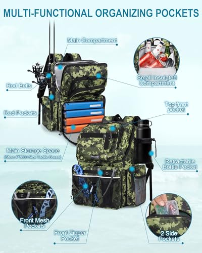 HXLGMD Fishing Backpack with Rod Holders, 43L Large Water Resistant Tackle Bag Storage Gear and Equipment with Cooler for Men Fishing, Camping, Hiking, Green - color: Green Camo
