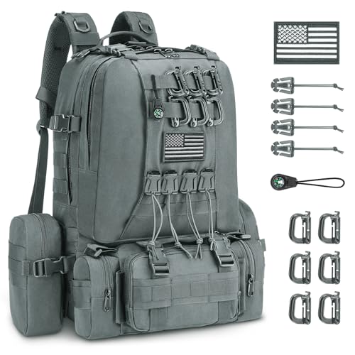 CVLIFE 60L Tactical Backpack for Men Women Military Large Army Rucksack | 3 Day Bug Out Survival Molle Bag, D-Ring Clips & Compass Accessories, Hiking Camping Gym Daypack, Grey - color: Grey