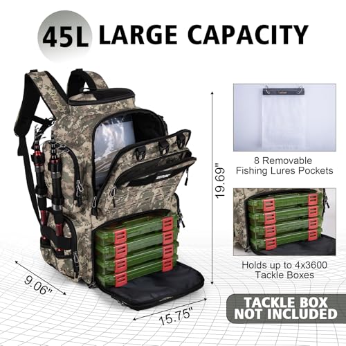 Goture Fishing Backpack,900D Water-Resistant Tackle Backpack with Rod Holders, SBS Zippers,45L Large Fishing Bag Storage Gear Tackle Bag with Rain Cover, Bottle Holder for Travel Camping Hiking - color: A1:3# Camo(Only Bag), size: Without Tackle Boxes