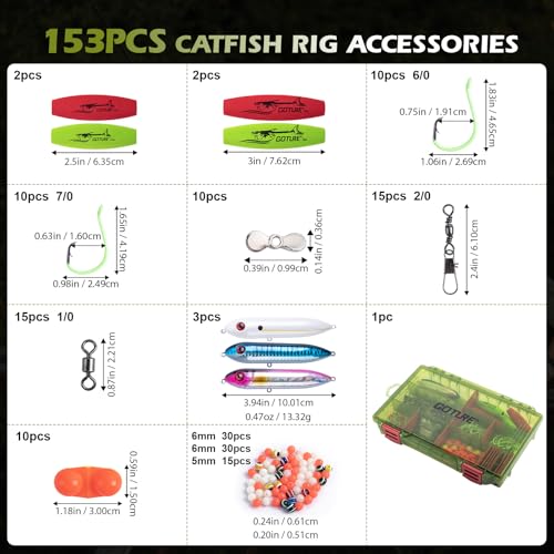 Goture Catfish Rig Making Kit,274pcs/300pcs Catfishing Tackle with Luminous Fishing Hook Swivel Sinker Weights Rattle Float Bobber Stoppers,Catfish Rigs Accessories with 3600 Tackle Box,Gifts for Men - color: C1:153pcs Catfishing Tackle