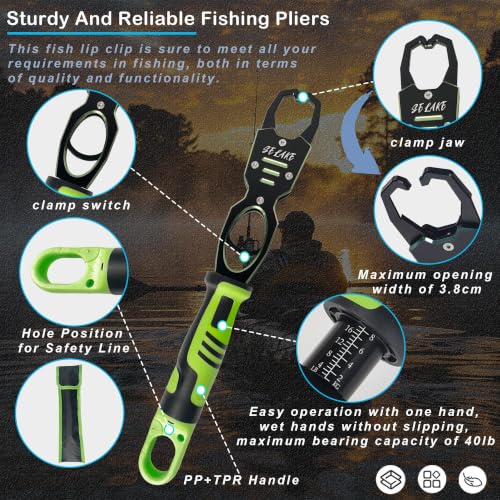 Selake 7 PCS Complete Fishing Tools Set, Fish Lip Gripper with Scale, Fishing Pliers, Hook Remover, Line Cutter & Scissors, Corrosion Resistant for Saltwater Freshwater Kayak Ice Fishing - color: Green