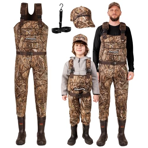 DaddyGoFish Neoprene Chest Waders for Kids and Adults, BootFoot, Fishing & Hunting with a Camouflage Caps, and a Wader Hanger - size: Age 12/13 Big Kid