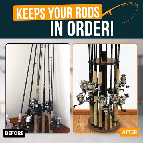 Rush Creek Creations 16 Rod Fishing Pole Holder - Round Floor Mount Rack with Clips for Garage Organization, Dark Walnut Wood - color: Dark Walnut