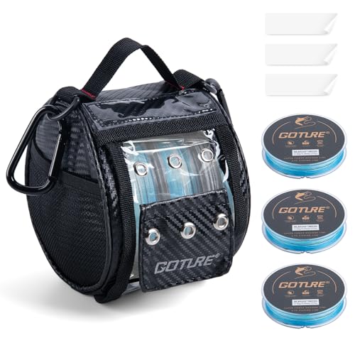 Goture 3/6 Outlet Holes Fishing Line Storage Bag, 2 Sizes Clear View Window Fishing Line Case, Removable Divider Fishing Line Organizer, Water-Resistant Surface, Tangle-Free Leader Line Spool Bag - color: 3 Hole - Bag & 3Pcs Blue Braided Line