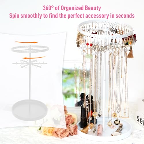 360 Rotating 2-Tier Jewelry Organizer Stand, Large Earring Holder Organizer with 48 Holes for Studs，24 Prongs for Necklaces, Wide Base for Bracelets, Watches, Lipstick, Jewelry Display Stand for Women - color: Metal,2-Tier,White