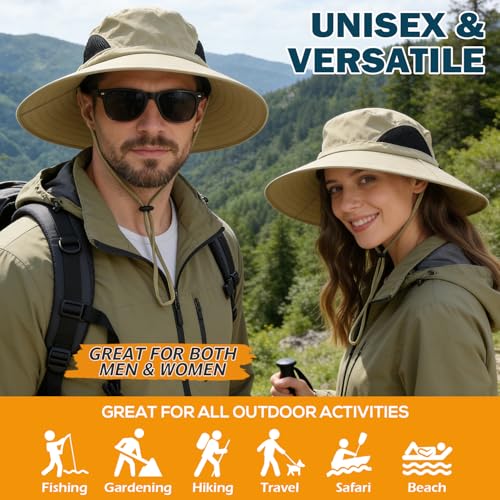 Wide Brim Sun Bucket Hat, Waterproof Boonie Hat for Men & Women | UPF 50+ UV Protection, Adjustable Fit, Chin Strap & Sweatband, Foldable Durable for Fishing Hiking Garden Beach - color: 01 Khaki