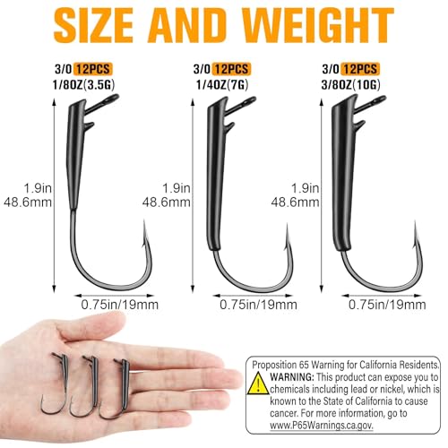 Dovesun Ozark Rig Fishing Hooks, 12PCS Weedless Weighted Jig Heads for Soft Plastics, 3/0 Texas Rig Hooks for Bass Fishing, Freshwater & Saltwater, 1/8 oz 1/4 oz 3/8 oz - color: 1/4OZ - 12PCS