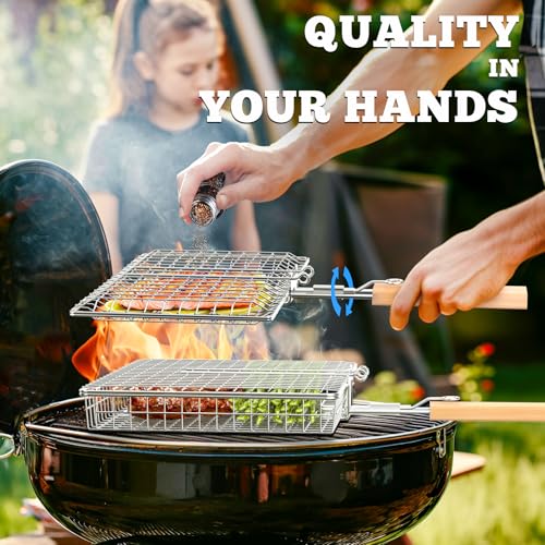 ivtivfu Fish Grill Basket Set, Removable Wooden Handle, 304 Stainless Steel, Nesting BBQ Tools, Smoker Grilling Accessories for Vegetable, Outdoor Cooking Camping, Birthday Gifts for Men Dad Husband