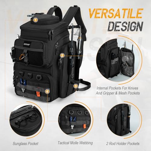 Goture Fishing Backpack with 4 Tackle Boxes, 900D Water-Resistant Tackle Backpack with Rod Holders,Insulated Cooler Compartment, 55L Large Capacity Fishing Gear Storage Bag for Saltwater & Freshwater - color: A3:black(4 Tackle Boxes Included)
