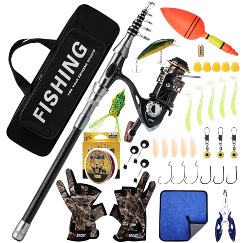 Number-one Telescopic Fishing Rod and Reel Combo Set, 6.9ft Metal Fishing Pole Kit with Line, Lures, Carrier Bag, Spinning Rod Reel Combo