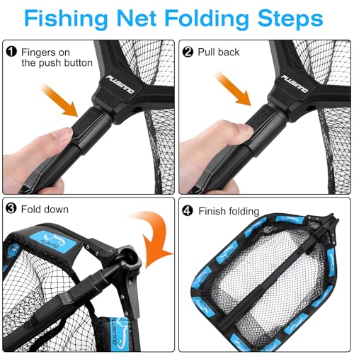 PLUSINNO Floating Fishing Net for Steelhead, Salmon, Fly, Kayak, Catfish, Bass, Trout Fishing, Rubber Coated Foldable Landing Net with Fixed or Telescoping Pole Handle, Fishing Gear and Gifts for Men - color: 11.8"/30cm Hoop Size 1.0M Blue (Telescopic Pol