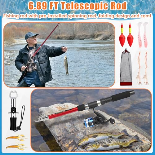 MiniInflat Telescopic Fishing Rod and Reel Combo, 6.89ft 2pcs Collapsible Rod with Plier Lip Gripper Lures Carrier Bag Pre-Loaded Spinning Reel Saltwater Freshwater Fishing Pole Kit - color: Red