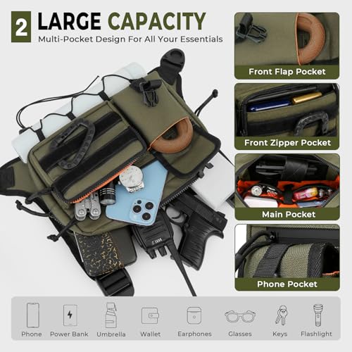 Muserise Outdoor Chest Bag For Men and Women, Tactical Vest For Running, Cycling, EDC Chest Pack Rig For Sports and Workouts - color: Olive
