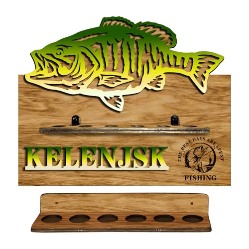 Personalized Fishing Rod Holder Wall Mount Custom Name Fishing Pole Rack for 6 Rods, Wooden Fishing Pole Rod Holders for Garage Storage Organizer Gifts for Men Women (6 Slots)
