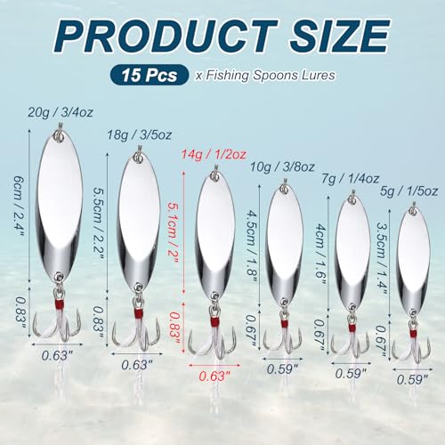 Fishing Spoons Lures, Metal Saltwater Treble Trout Lures Jigging Spoon with Treble Hooks Spinner Baits for Freshwater - color: Silver, size: 14g / 1/2oz