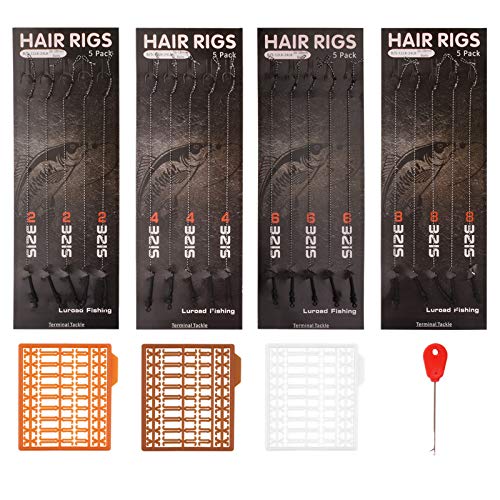 Carp Fishing Hair Rigs, 20 Pcs Curved Barbed Carp Hook Anti-Tangle Swivel Braided Thread line with 3 Card Boilie Bait Stops Dumbell Stoppers and Stringer Needle - color: Barbless, size: 4 Packs (Size 4#)