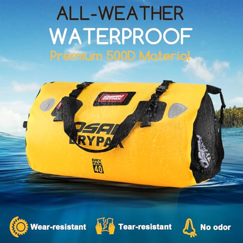 OSAH DRYPAK Waterproof Duffel Bag - Motorcycle Dry Bag Tail Bag with Large Storage Space, Waterproof Luggage Duffle Bags with Outer Mesh Zipper Pocket for Camping, Kayaking, Fishing & Traveling - color: Yellow, size: 40L