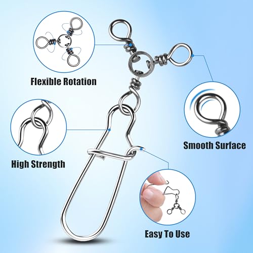 OROOTL 3 Way Snap Swivels Fishing Tackle, 50pcs Three Way Swivel with Duo Lock Snap Stainless Steel Cross Line Barrel Triple Swivels Snaps Connector for Saltwater Freshwater Fishing - size: 6#_33lb-50pcs