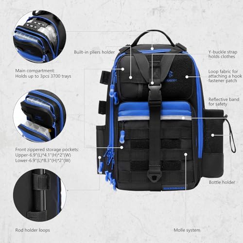 BASSDASH Convertible Fishing Backpack Sling Bag with Rod Holder, Adjustable Tactical Water-Resistant Tackle Storage Pack FP07 - color: Black/Royal Blue, size: Standard