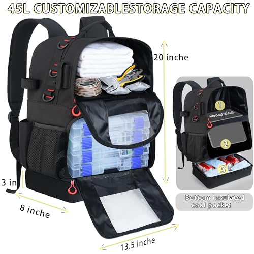 Fishing Tackle Backpack with Cooler,45L Large Tackle Bag with 2 Rod Holders & Clear Window,Outdoor Fishing Backpack for Fishing,Camping,Hiking,Black - color: Black
