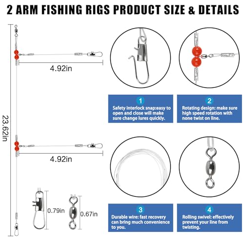 Fishing Leaders Saltwater Tackle Surf Fishing Rigs High Strength Fishing Wire Leader Line Rig with Swivels Snap for Lures Bait Hooks - color: White Nylon, style: 2 Arm, 12pcs
