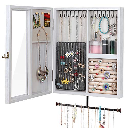 Keebofly Wall Mounted Jewelry Organizer With Rustic Wood Large Space Jewelry Cabinet, Holder, Storage Box for Necklaces, Earrings, Bracelets, Ring Holder, and Accessories White - color: White