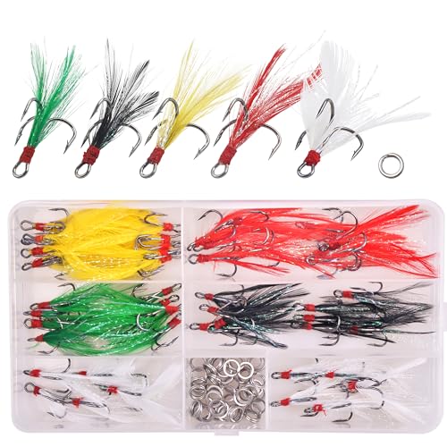 100pcs Fishing Treble Hook Kit, Round Bend Treble Hooks with Split Rings for Making Fishing Lure Spinner Spoon Crankbait - color: Multicolor Feather-100pcs