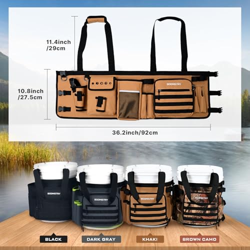 Boomistry Fishing Bucket Organizer for 5 Gallon Bucket, Khaki | 15 Multi-Pockets, 4 Built-in Rod Holder Storage, 3 Adjustable Buckles, for All Fishing Gear & Tackle Accessories - color: Khaki