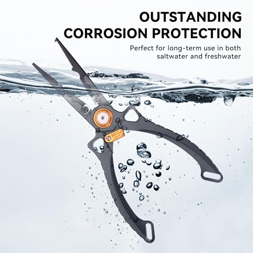 Fishing Pliers Hook Remover, Saltwater Split Ring Pliers with Safety Lock, Fishing Gear with Sheath and Lanyard, Fishing Gifts for Men - color: Black