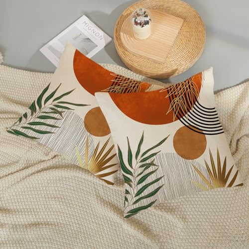 Boho Pillow Covers 18x18 Set of 2 Green Gold Orange Throw Pillows Tropical Leaves Sunset Decor Modern Mid Century Pillowcase Outdoor Decorations Bohemian Linen Cushion Case for Couch Sofa Bed - color: Orange-mid Century 1, size: 18" x 18" (Pack of 2)