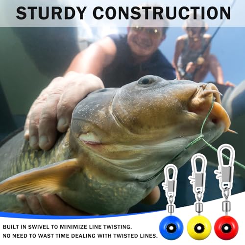 150 Pcs Fishing Line Sinker Slides Fishing Float Connector Rolling Swivels with Interlock Snaps for Catfish Carp Bass, Red Yellow Blue Color Coded 3 Sizes (Large, Medium, Small)