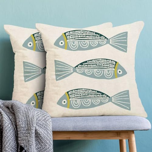 AEIOAE Coastal Pillow Covers 16 x 16 Inch Set of 2, Ocean Beach Blue Fish Print Decorative Throw Pillow Covers Linen Farmhouse Summer Natical Outdoor Pillowcase for Couch Home Sofa Decor - color: Blue Fish, size: 16" x 16" (Pack of 1)