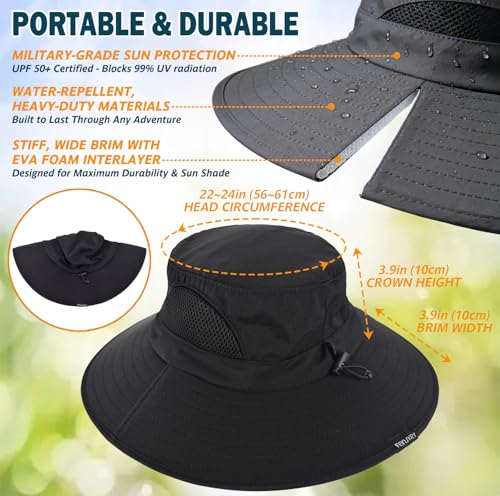 Wide Brim Sun Bucket Hat, Waterproof Boonie Hat for Men & Women | UPF 50+ UV Protection, Adjustable Fit, Chin Strap & Sweatband, Foldable Durable for Fishing Hiking Garden Beach - color: 01 Black