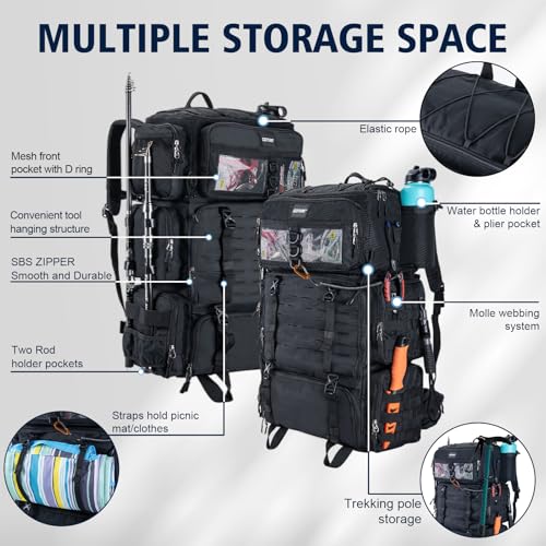 Goture Fishing Backpack with Cooler,72L Large 600D Tackle Backpack with Rod Holders,Dry & Wet Split Compartment,Adjustable Main Compartment,Rain Cover,Insulated Tactical Bag for Travel Camping Hiking - color: Black (Only Bag, Without Tackle Box)