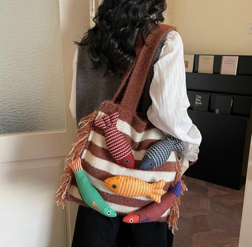 Knitted Beach Shoulder Bag for Women 3D Fish Bohemian Tote Versatile Purse Soft Hobo Handbag for Summer Vacation 2026 - color: C Brown