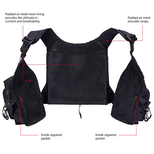 BASSDASH FV08 Ultra Lightweight Fly Fishing Vest for Men and Women Portable Chest Pack - color: Black
