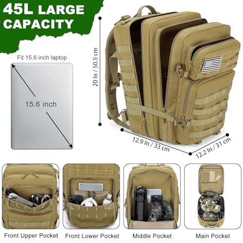 Tactical Backpack 45L Army Military Rucksack, Water Resistant MOLLE Pack, Large 3 Day Bug Out Bag for Men & Women, Durable Outdoor Gear for Hiking, Camping, Hunting, Travel (Khaki) - color: Khaki