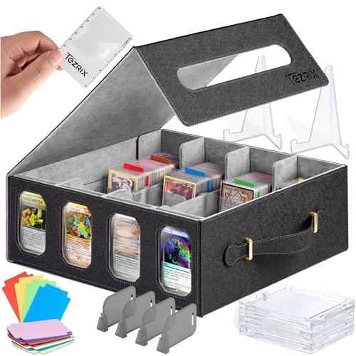 4-Row Mtg Trading Card Storage Box With Display Windows - Magnifier Ruler, 2 Display Stands, 6 Cardholders - 3000+ Card Case With Magnetic Closure, Sports TCG Card Organizer - Gray Card Boxes - color: Black, Gray (4 Row)